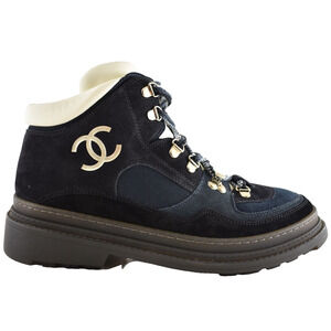 Chanel 23C Blue Black CC Combat Lace Up Tie Ankle Short Hiking Ski Snow Boots 42